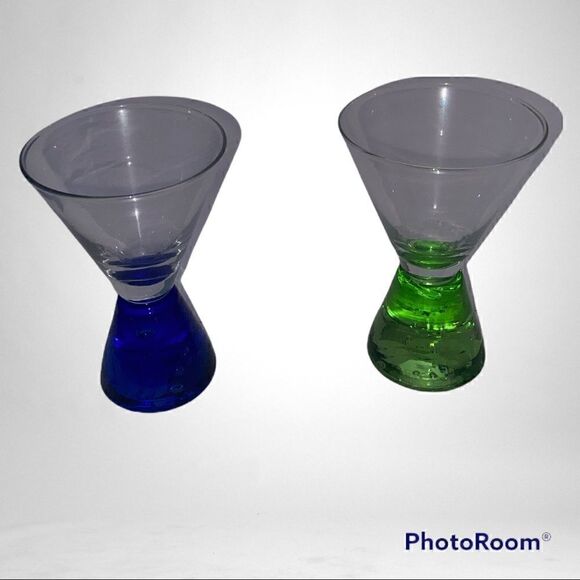Shot Glasses Pedestal Style Green and Cobalt Blue Glass Set of 2 - Picture 9 of 9
